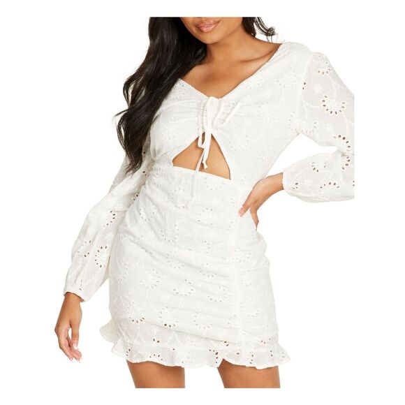 QUIZ Dresses & Skirts - QUIZ Womens White Open Back Blouson Sleeve V Neck Mini Party Sheath Dress 8